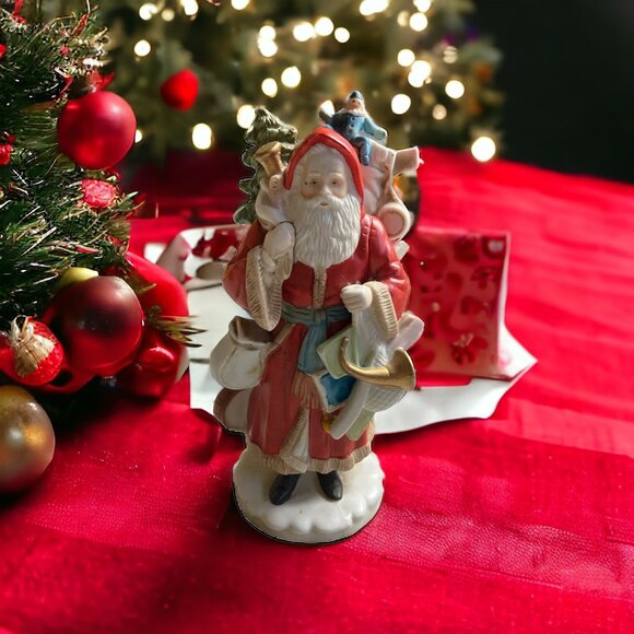 Vintage 1987 Enesco Santa Claus Porcelain Figurine With Toys & Christmas Tree - Picture 1 of 7